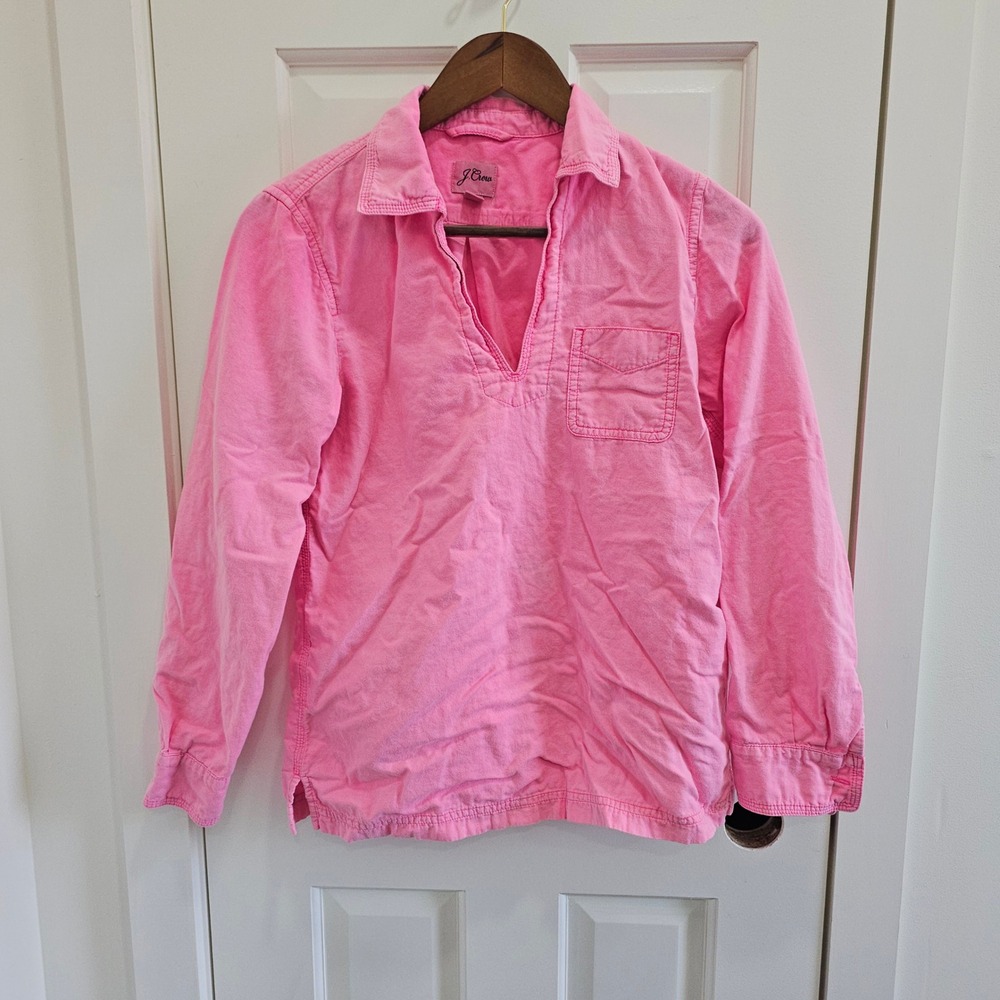 J.Crew Womens XS Pink Cotton Popover Shirt Long Sleeve V-Neck Chest Pocket